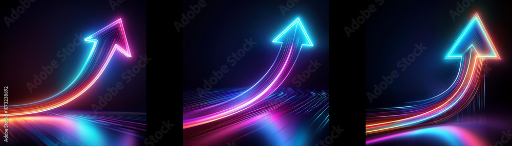 Poster three neon arrows point upwards on a dark background.