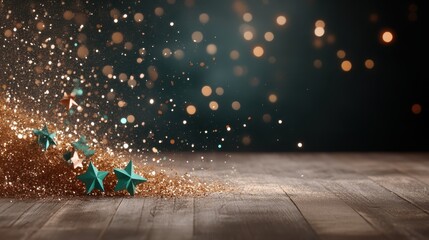 Stars scattered across a rustic wooden surface create a whimsical, enchanting scene, perfect for themed events or artistic storytelling with a vintage touch.