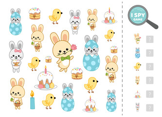 I spy game for kids with chick, rabbit and cake. Search and count how many. Math game. Isolated vector illustration eps 10
