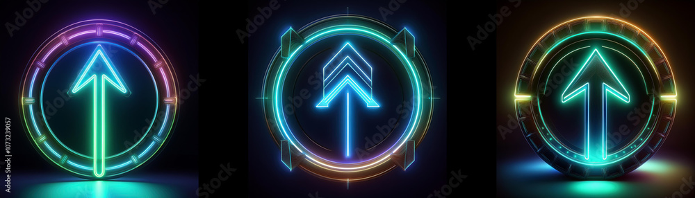 Fototapete three circular glowing neon symbols with an upward arrow pointing towards the top of the image