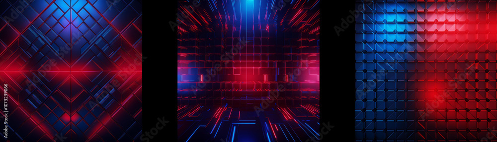 Poster Abstract digital art featuring a glowing red and blue geometric pattern with an expanding perspective.