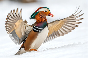 Obraz premium Close-up, Mandarin Duck is spreading its wings and flying isolated on a white background