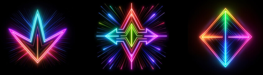 Three geometric shapes with glowing neon outlines, radiating light against a black background.