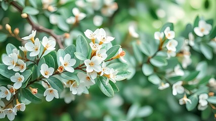 Delicate white blossoms adorn a verdant branch, creating a soft, ethereal scene of natural beauty.