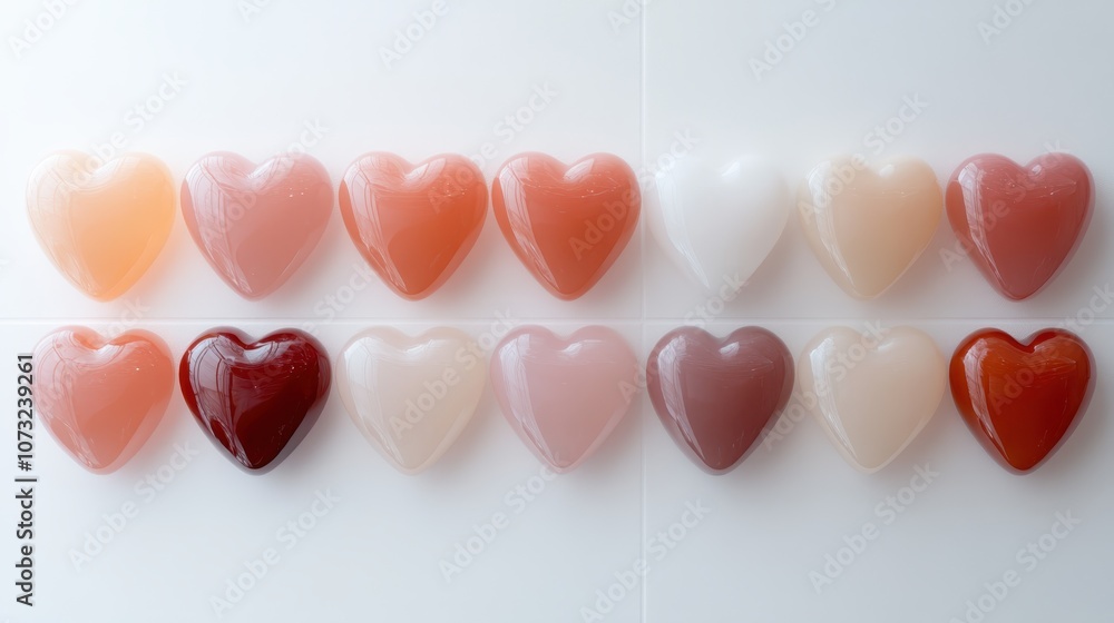 Poster a neat arrangement of heart-shaped stones displaying a gentle gradient of soft hues, creating a soot
