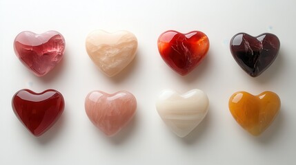 Obraz premium A diverse collection of colorful heart-shaped stones on a white surface, offering a vibrant contrast and showcasing creativity and love in a visually appealing way.