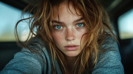 Close-up portrait of a young woman with intense, piercing blue eyes and messy hair, capturing a raw, natural expression in a relaxed, casual setting.