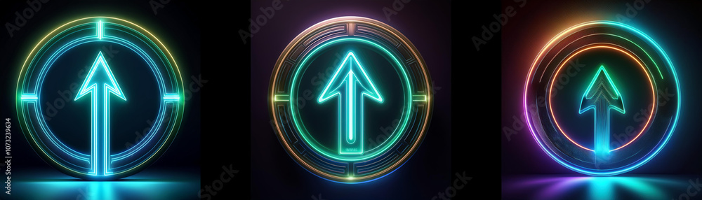 Poster three glowing neon arrows pointing upward, each in a different colored circle, on a dark background.