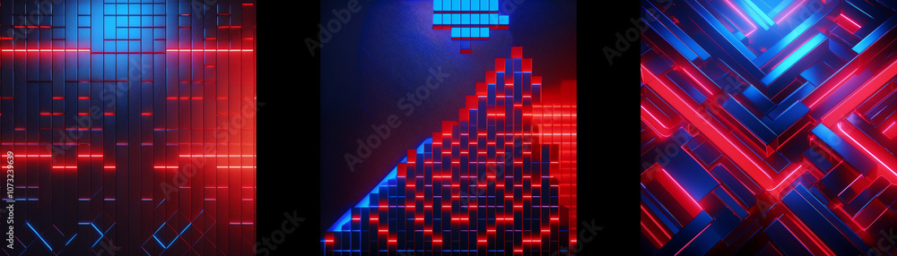 Poster Abstract image of red and blue glowing geometric shapes and lines.