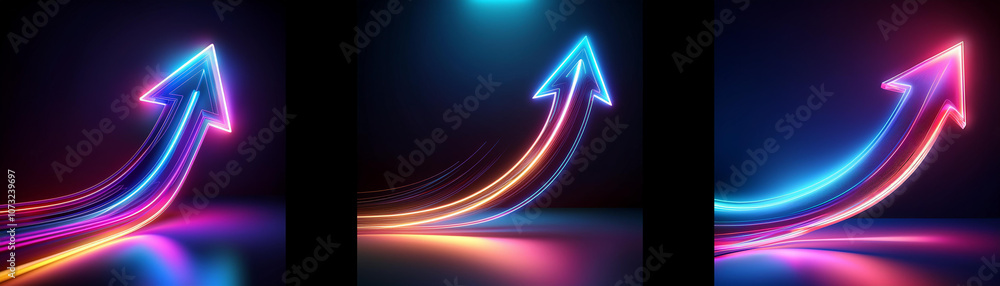 Poster Three glowing neon arrows point upwards against a dark background. Each arrow displays a different color combination.