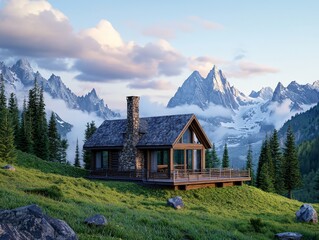 Obraz premium Rustic Mountain Bungalow with Small Chimney Surrounded by Lush Greenery and Majestic Peaks in a Picturesque Landscape