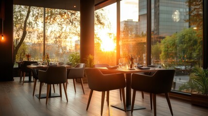 An indoor dining area features an expansive view of the city at sunset through large panoramic windows, setting a luxurious and cozy atmosphere for evenings.