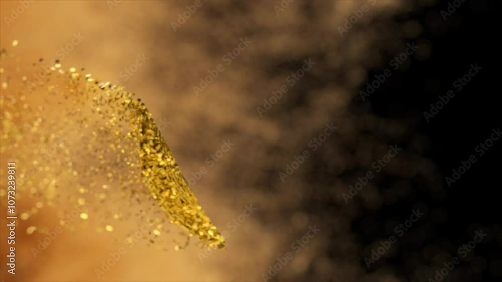 Poster golden bitcoin is disintegrating into particles on a black background. ideal for topics about crypto