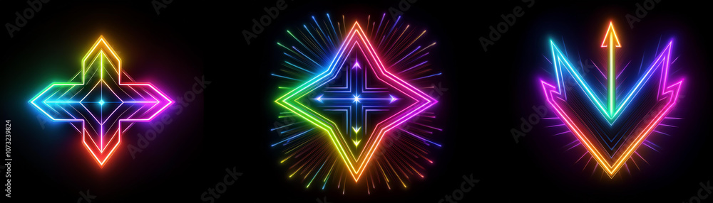 Poster three glowing neon shapes on a black background. one is a cross, one is a starburst and the last is 