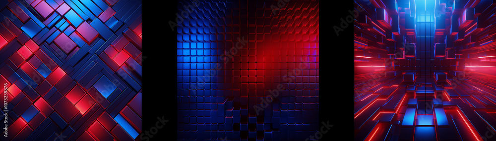 Poster abstract digital artwork with a neon light theme. the image features a colorful geometric pattern, w