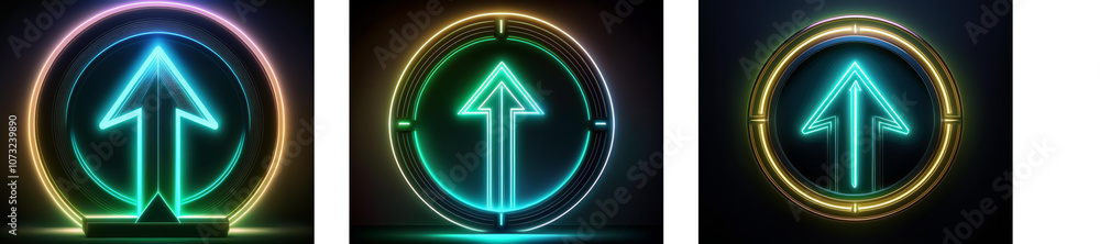 Aufkleber Three neon glowing arrows point upward within a circle.