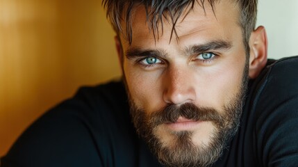Obraz premium A stylish man with a well-groomed beard and engaging blue eyes, exuding confidence and sophistication in a warmly lit modern setting, beautifully captured.