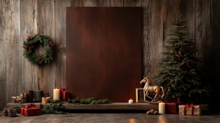 A charming Christmas display, featuring an evergreen tree, wreath, rocking horse, gifts, and lit candles in a warm wooden environment.