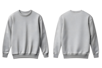 Light gray crew neck sweater front and back mock up with minimalist design and smooth texture isolated on transparent background