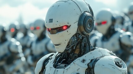 Fototapeta premium Futuristic robots with glowing eyes standing in formation under a blue sky