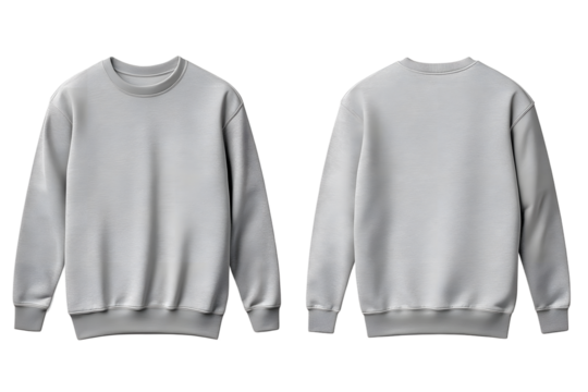 Light gray crew neck sweater front and back mock up with minimalist design and smooth texture isolated on transparent background