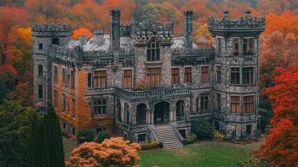 Naklejka premium Enchanting autumn landscape with a majestic stone castle
