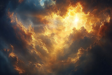 Fototapeta premium A majestic scene depicting the return of God, with radiant light and heavenly clouds, capturing a powerful divine presence in an awe-inspiring and holy atmosphere. 