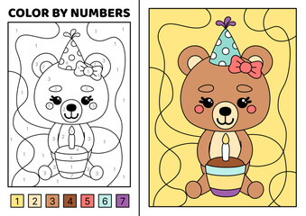 Color by number. Cupcake and bear girl. Coloring page. Game for kids. Kawaii, cartoon, vector. Isolated vector illustration eps 10
