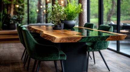 A chic dining area featuring a wooden table with dark green colored resin inlay, flanked by comfortable green chairs and surrounded by lush plants and natural light. - Powered by Adobe