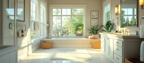 Bright and airy bathroom with large windows, a bathtub, and a double vanity.