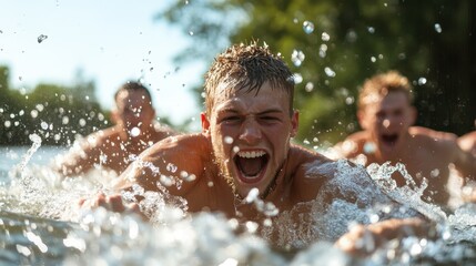 Obraz premium An exhilarating outdoor scene capturing the joy and excitement of young men splashing through water, epitomizing the freedom and fun of summer adventures.