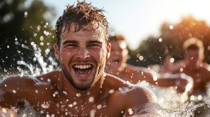 A joyful man, drenched and laughing, splashes water with enthusiasm while engaging in an exciting outdoor river adventure with friends, capturing pure fun and happiness.