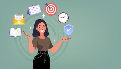 Productivity and multitasking concept. A capable businesswoman juggles icons of a calendar, clock, target, and email. Vector illustration for time management, project planning, and business skills.