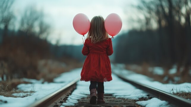 A young girl in a red dress is walking away on railway tracks while holding two pink balloons, set against a background of bare trees and a cloudy sky in winter. - Powered by Adobe