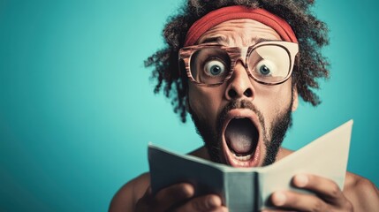 A man with glasses and headband is holding a book, his eyes wide open with surprise against a blue background, creating a comedic and expressive scene.