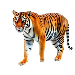 Obraz premium Bengal tiger isolated on white and transparent background. Tiger walking isolated on white and transparent background The royal Bengal tiger attack looking camera on white background.