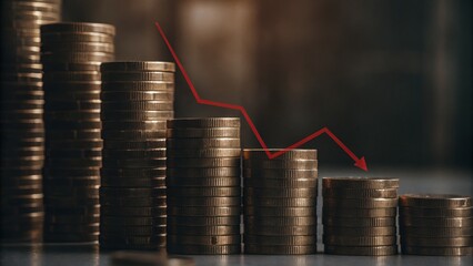 Visual representation of financial decline with stacked coins and a downward trend line, symbolizing loss and market downturn.