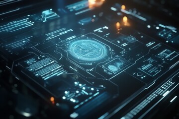 Abstract futuristic interface with glowing nodes.