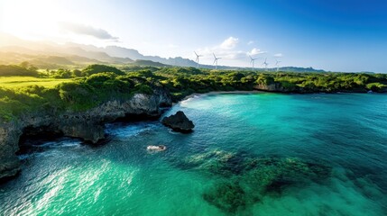 Obraz premium A breathtaking aerial view of a lush coastline with turquoise waters, majestic mountains, and modern windmills, blending nature’s beauty with renewable technology.