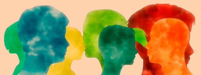 Social media network. Outline human silhouettes. Overlay heads. Digital, interactive and global communication concept. Watercolor and spray painting.