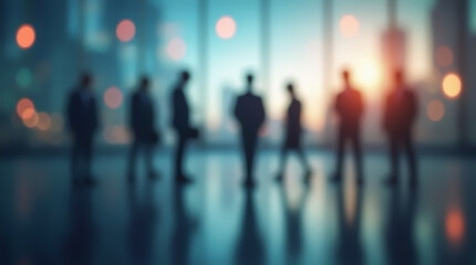 Blurred image of an office with silhouettes of business people on a dark background, symbolizing corporate connections and interactions