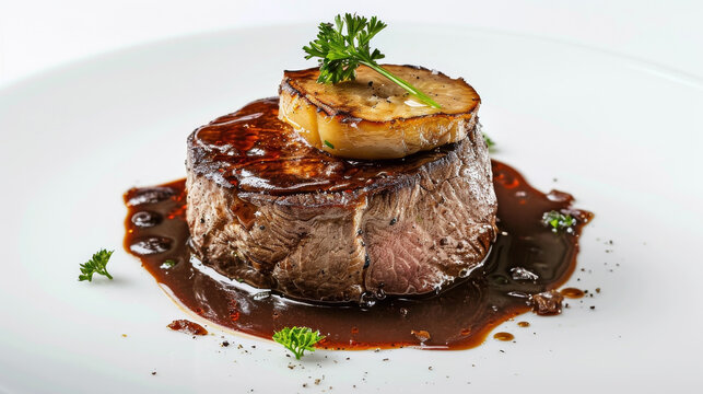 Tournedos Rossini with filet mignon, foie gras, truffle, and a crouton is centered on a clean white background, featuring rich Madeira sauce and parsley garnish, emphasizing its gourmet nature.