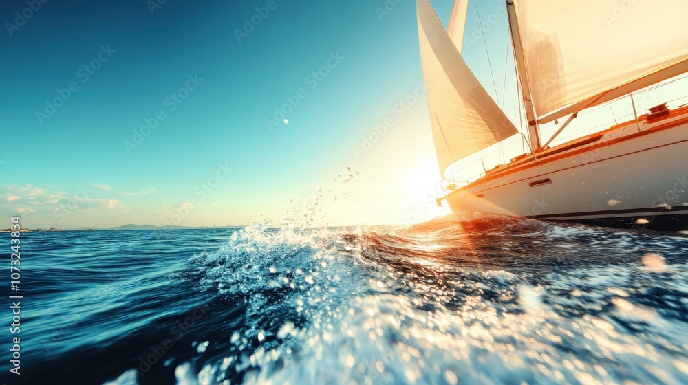 Poster a serene sailboat navigates through the sunlit ocean, creating a captivating scene with splashing wa