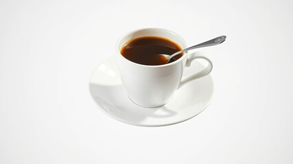 Obraz premium A solitary cup of coffee, resting on a white saucer with a single spoon nestled in the cup, against a stark white backdrop.