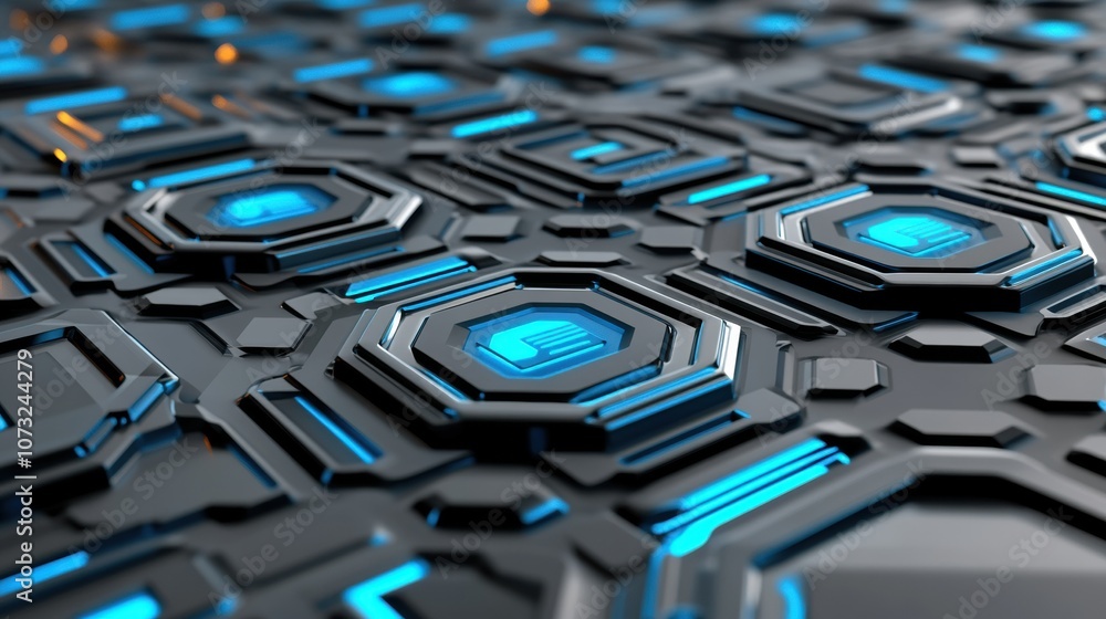 Poster futuristic hexagonal circuit pattern with glowing blue elements, ai