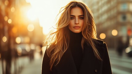 Fototapeta premium A woman with flowing hair in a black coat stands confidently as the sun sets, casting a golden glow and creating a vibrant urban atmosphere filled with warmth.