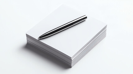 Stack of Business Cards with Stylish Pen on White Background