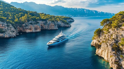 A white yacht sails through a scenic bay, surrounded by mountains and lush greenery.