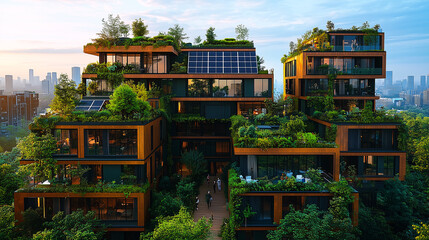 Fototapeta premium Sustainable urban landscapes in the future, futuristic city skyline with eco-friendly skyscrapers, covered in lush vertical gardens and solar panels, integrated wind turbines on rooftops, flowing rive