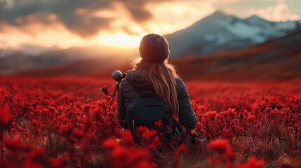 A woman sits quietly in a sprawling red field bathed in the warm light of sunset, mountains framing the horizon, as the scene epitomizes tranquility and reflection.